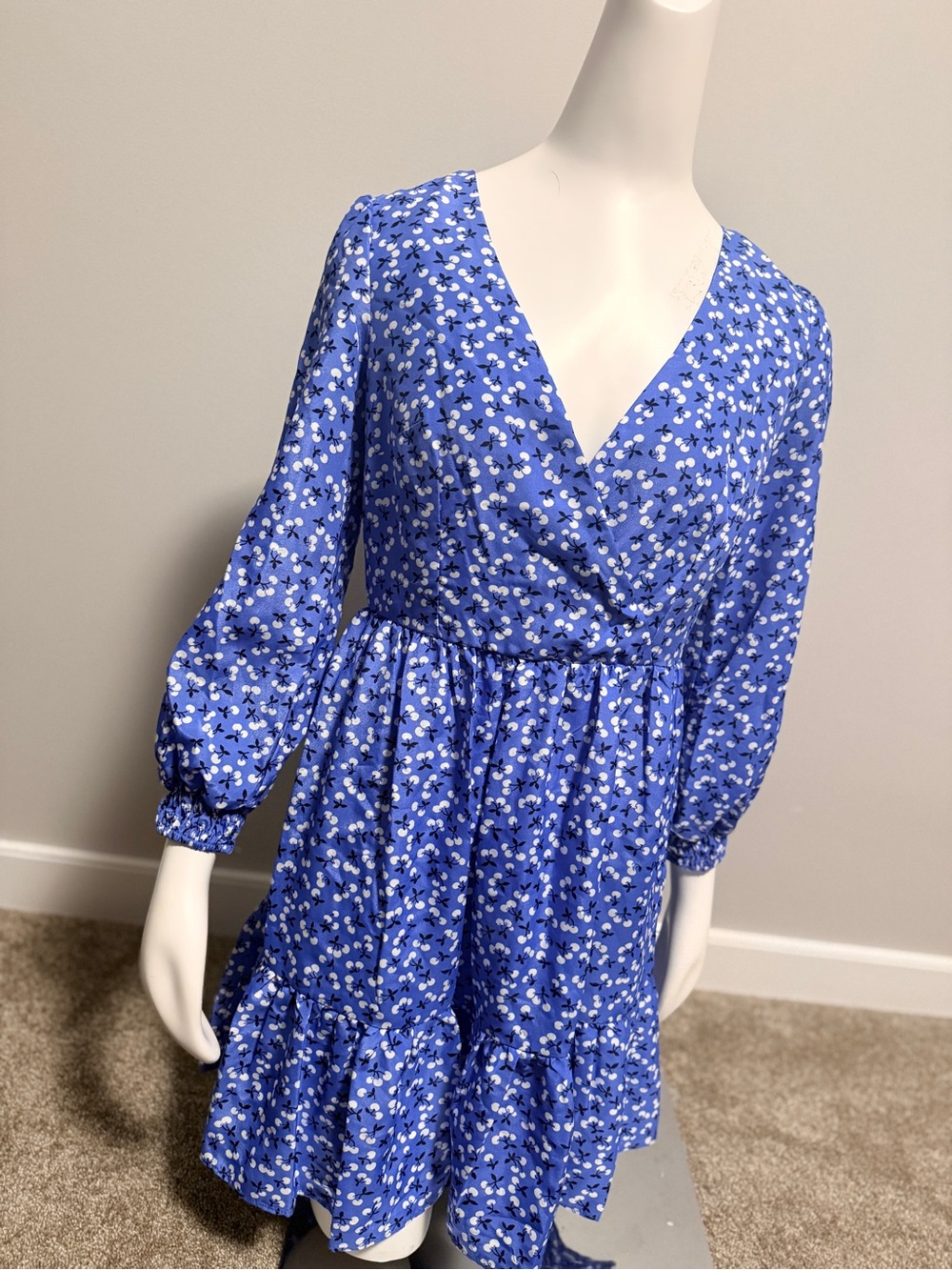 Eliza J Blue Floral Wrap-Front Long Sleeve Dress